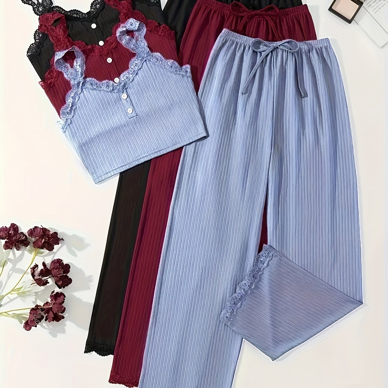 Women's Plus Size Lounge Set 3 Pieces Lace Ribbed Cami Top and Pants