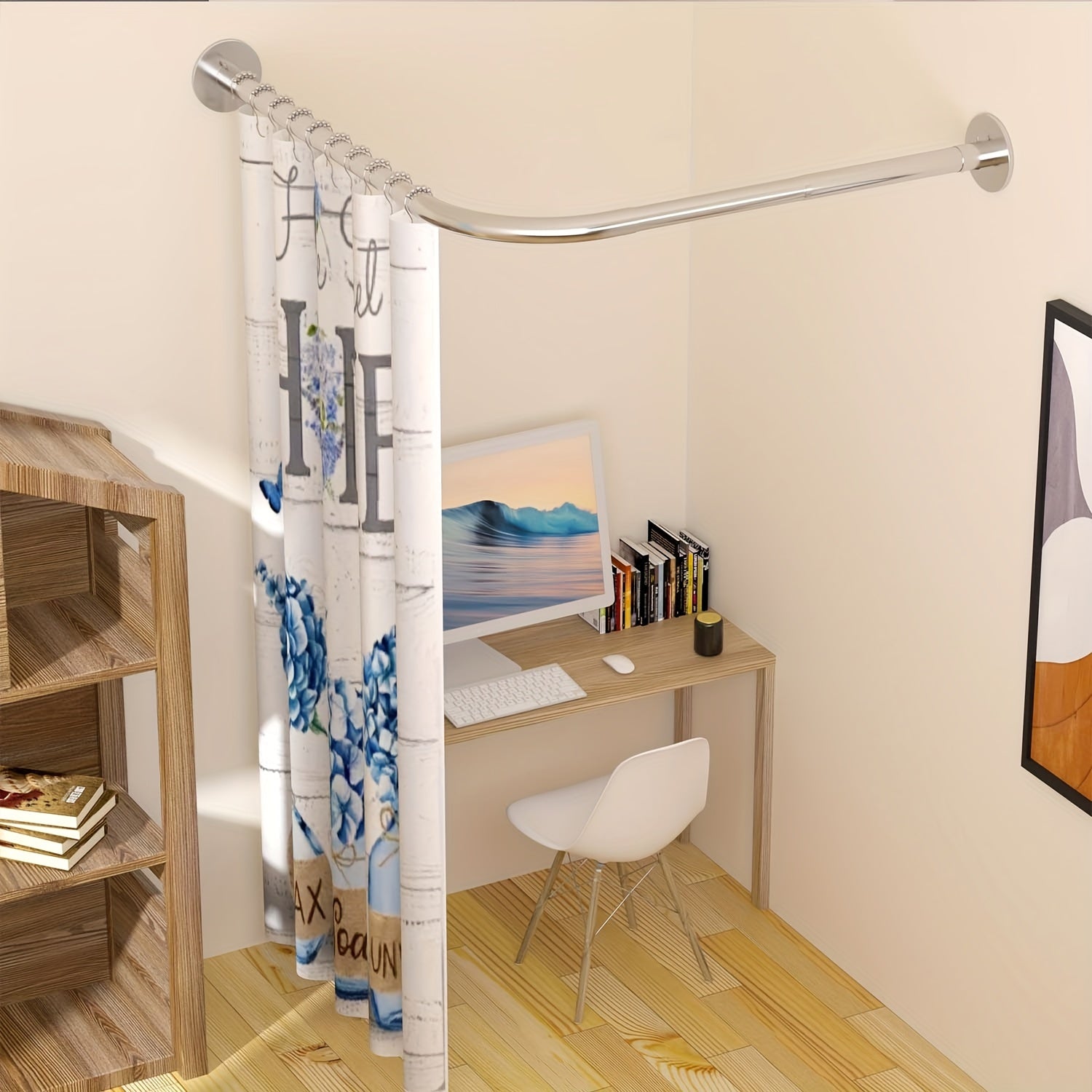 Oson o'rnatish uchun burg'ulashsiz moslashuvchan L-shaklidagi zanglamas po'latdan yasalgan dush pardasi tutqichi. Hammomlar, kiyim do'konlari va shaxsiy joylarda foydalanish uchun sozlanadigan o'lcham. O'rnatish uchun 5 ta vintni o'z ichiga oladi.