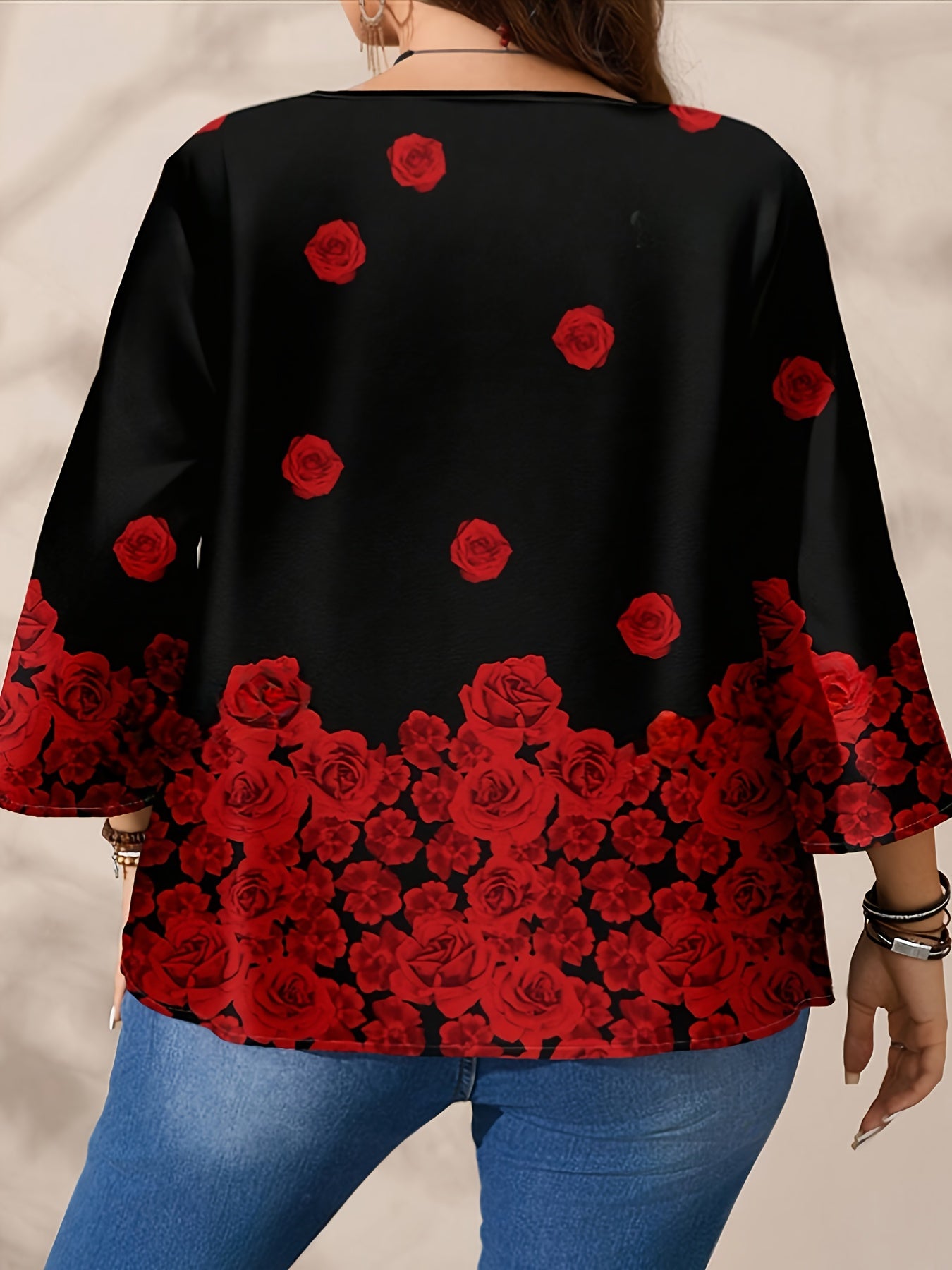 Plus Size Women's Rose Print 3/4 Sleeve T-Shirt