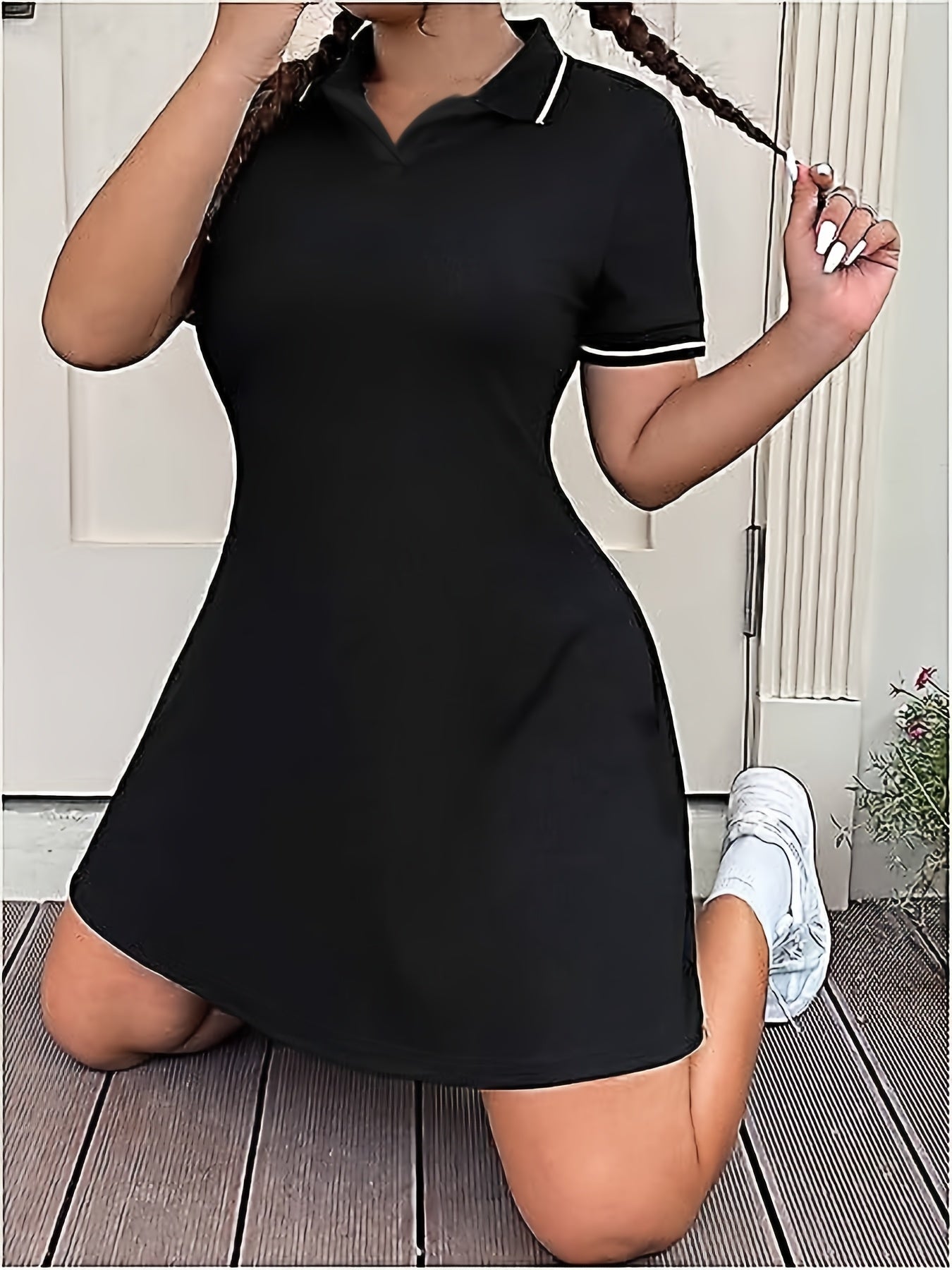 Women's Plus Size Black A-Line Dress with White Trim Short Sleeve Summer Outing Golf Tennis