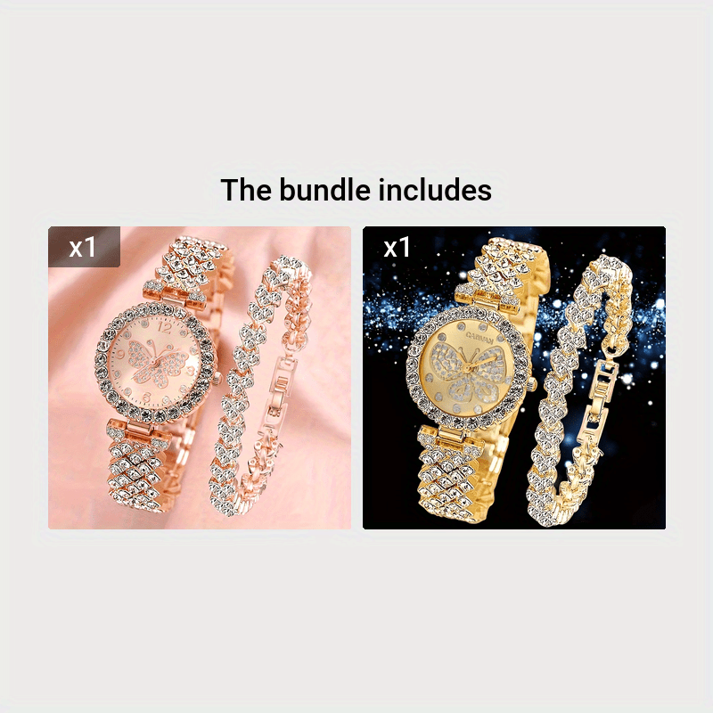 Set of 2 Elegant Butterfly Quartz Watches with Stainless Steel Bands and Matching Bracelet for Women