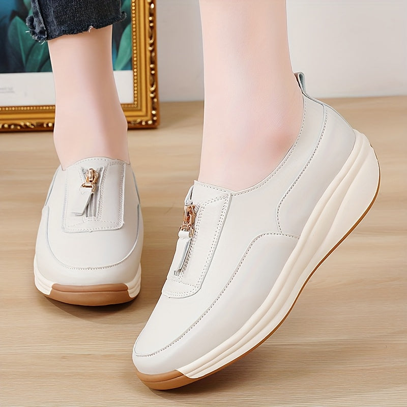 Women’s Zipper Sneakers White Brown Two-Tone Casual Shoes