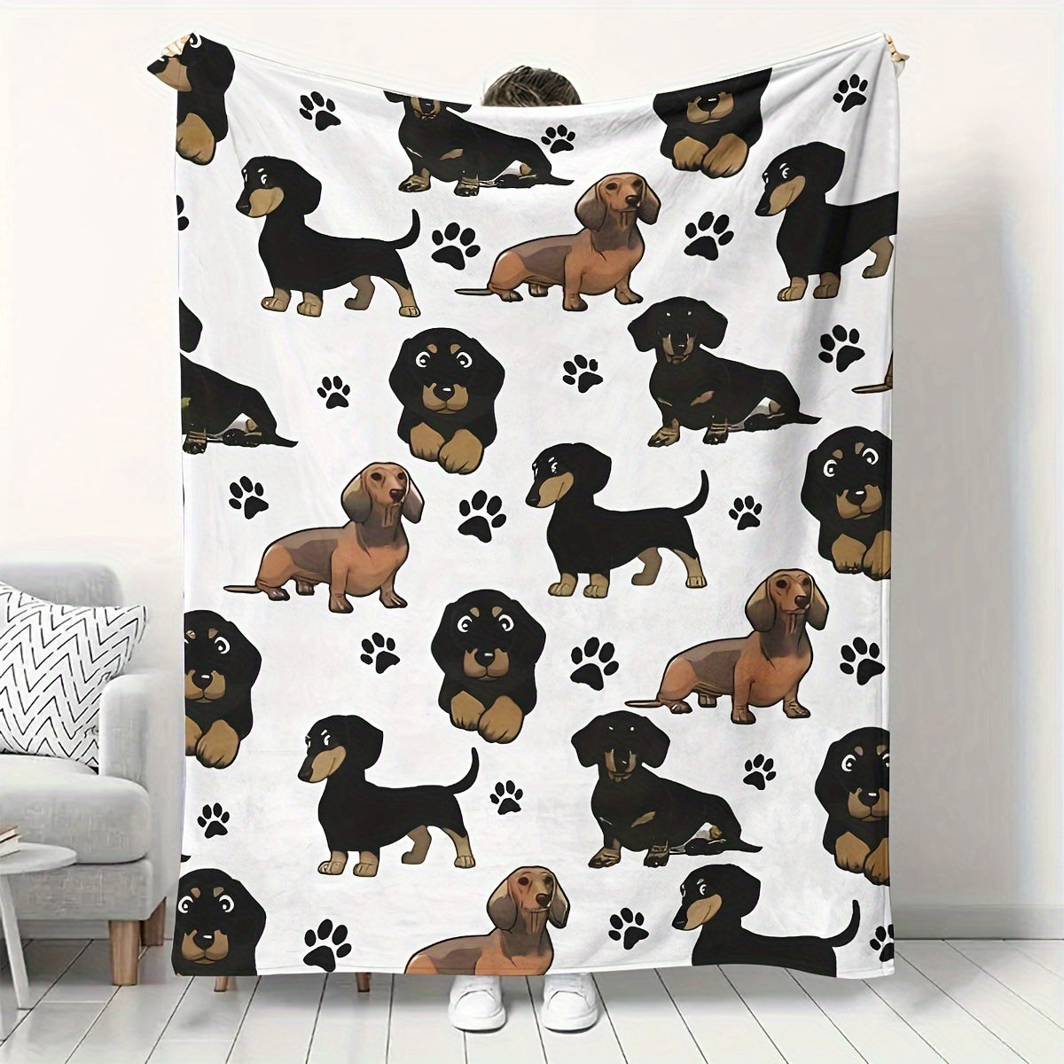 All-Season Flannel Throw Blanket with Dachshund Pattern Cozy Nap Cover