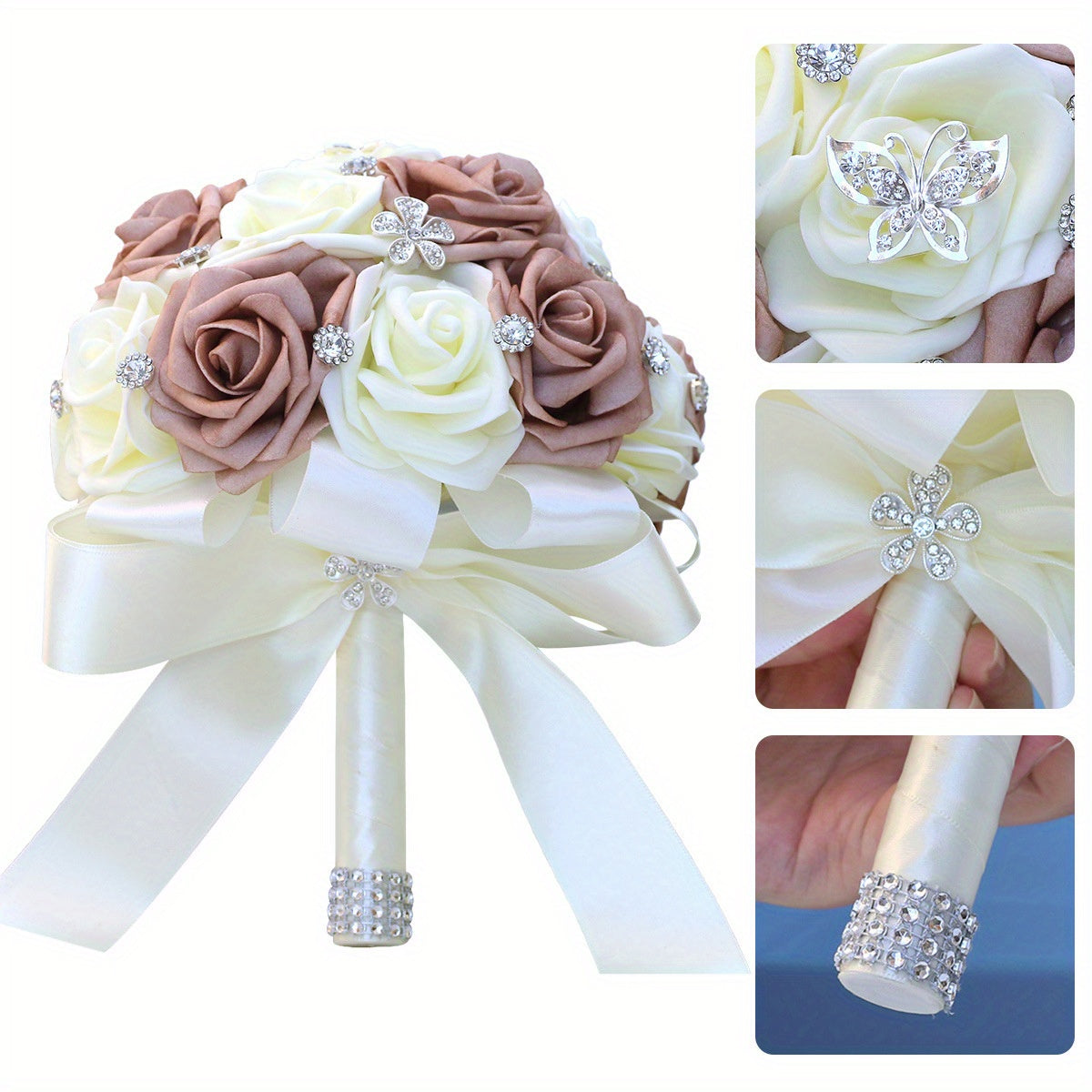 Handcrafted Bridal Bouquet Satin Flowers Rhinestones Pearls for Weddings and Events