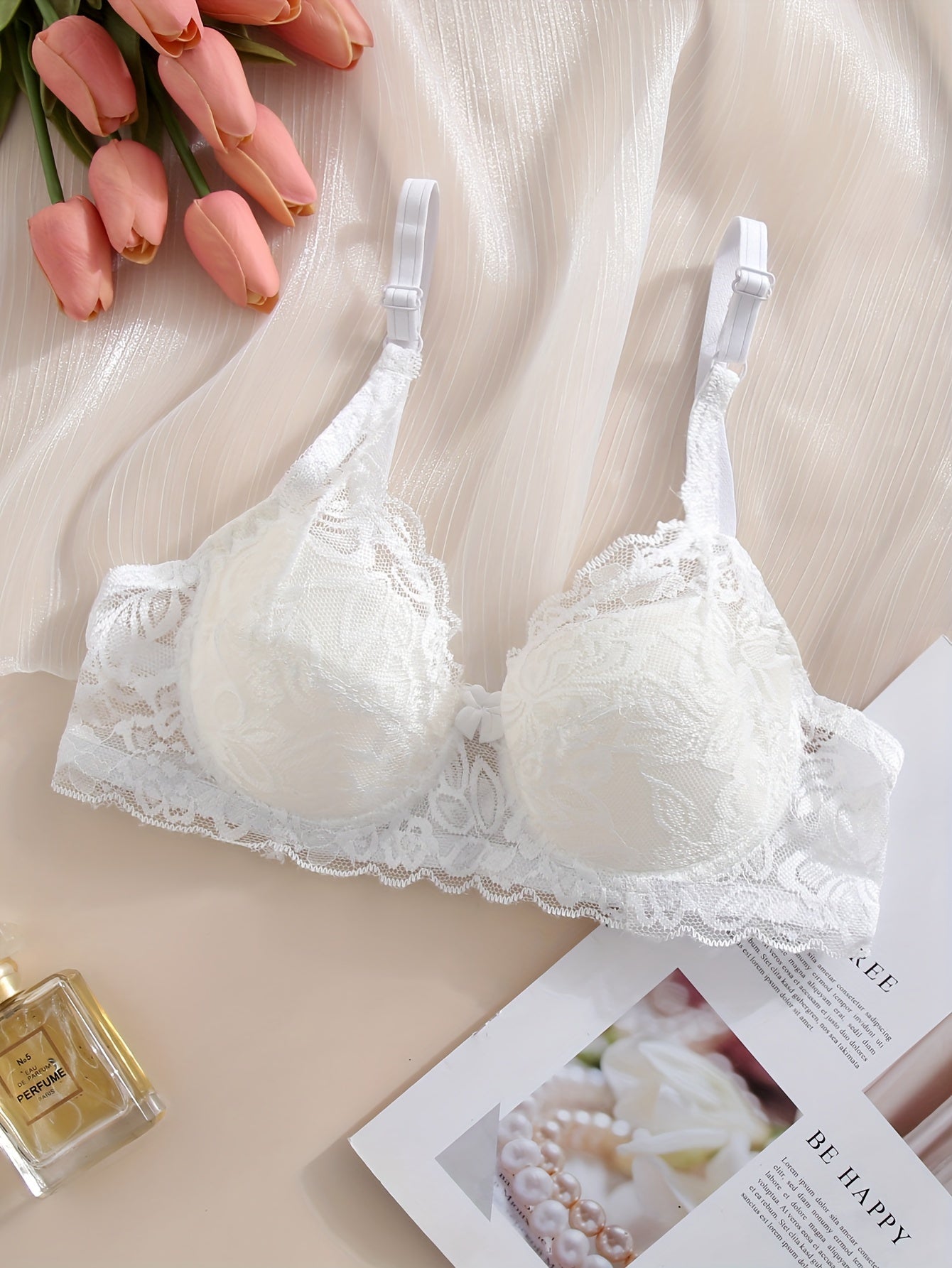 Lace Underwire Bra Medium Support Non-Removable Padding Solid Color Bow Detail Women’s Lingerie