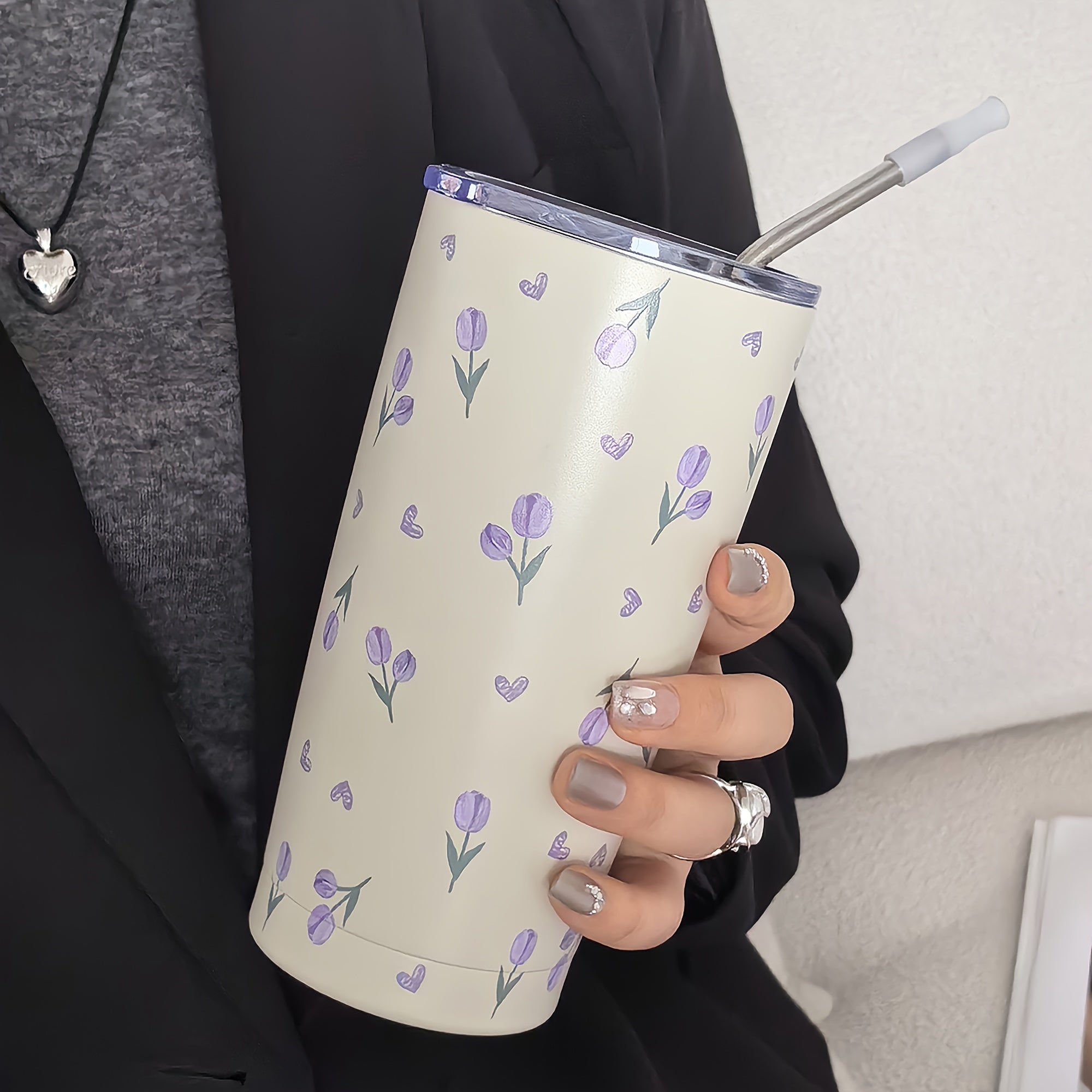 Purple Love Tulip Tumbler 16oz Double Walled Stainless Steel Water Bottle Travel Drinkware