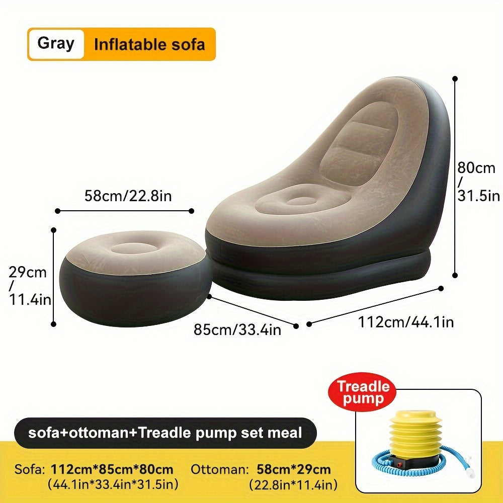 Inflatable Lazy Sofa with Footstool Foldable Portable Gray for Bedroom Balcony Office Outdoor Travel Camping
