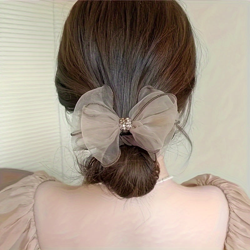 Vintage Polyester Rhinestone Mesh Bow Hair Ties Set of 1 2 3 for Women