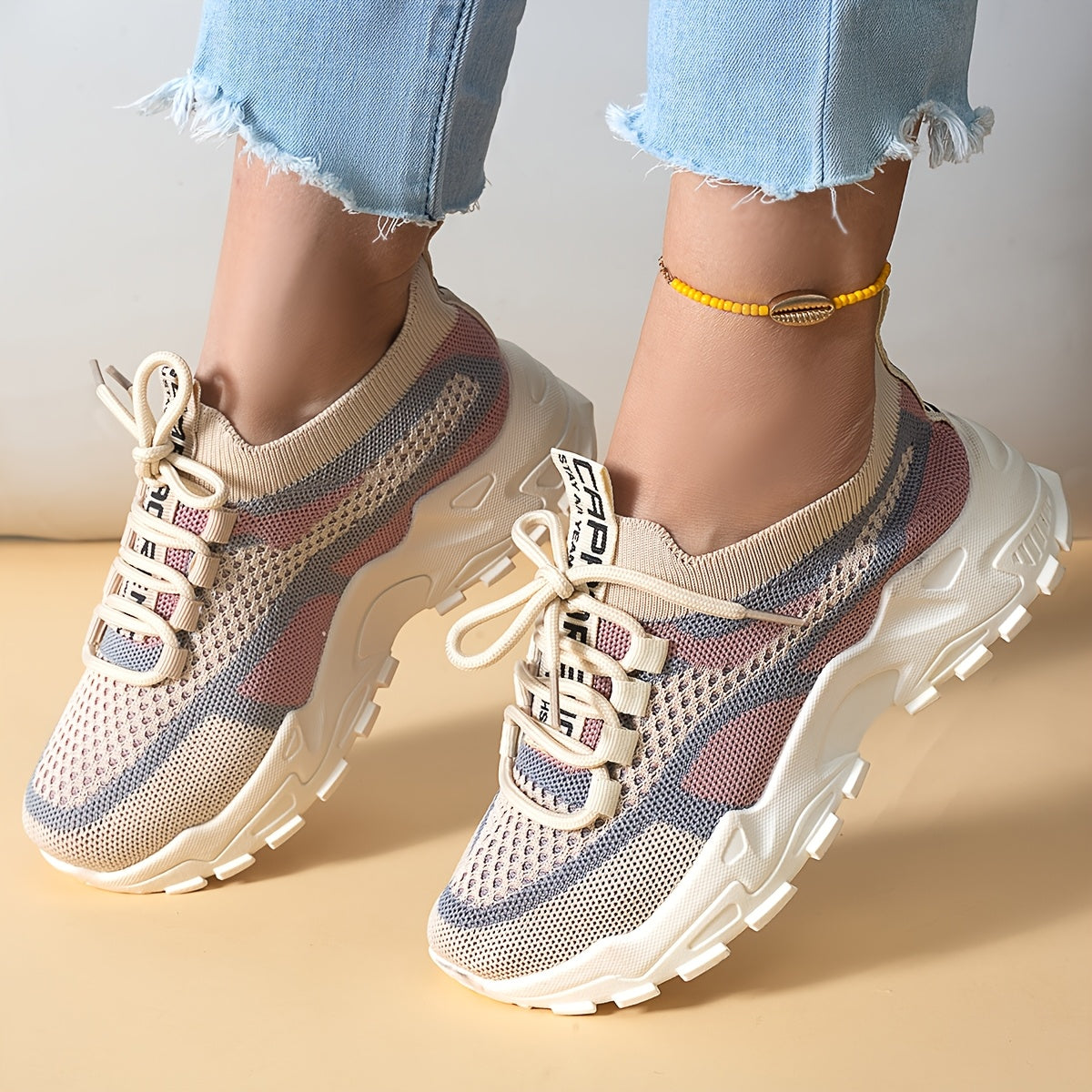 Women's Geometric Pattern Casual Sneakers, Low Top Lace-Up Sports Shoes