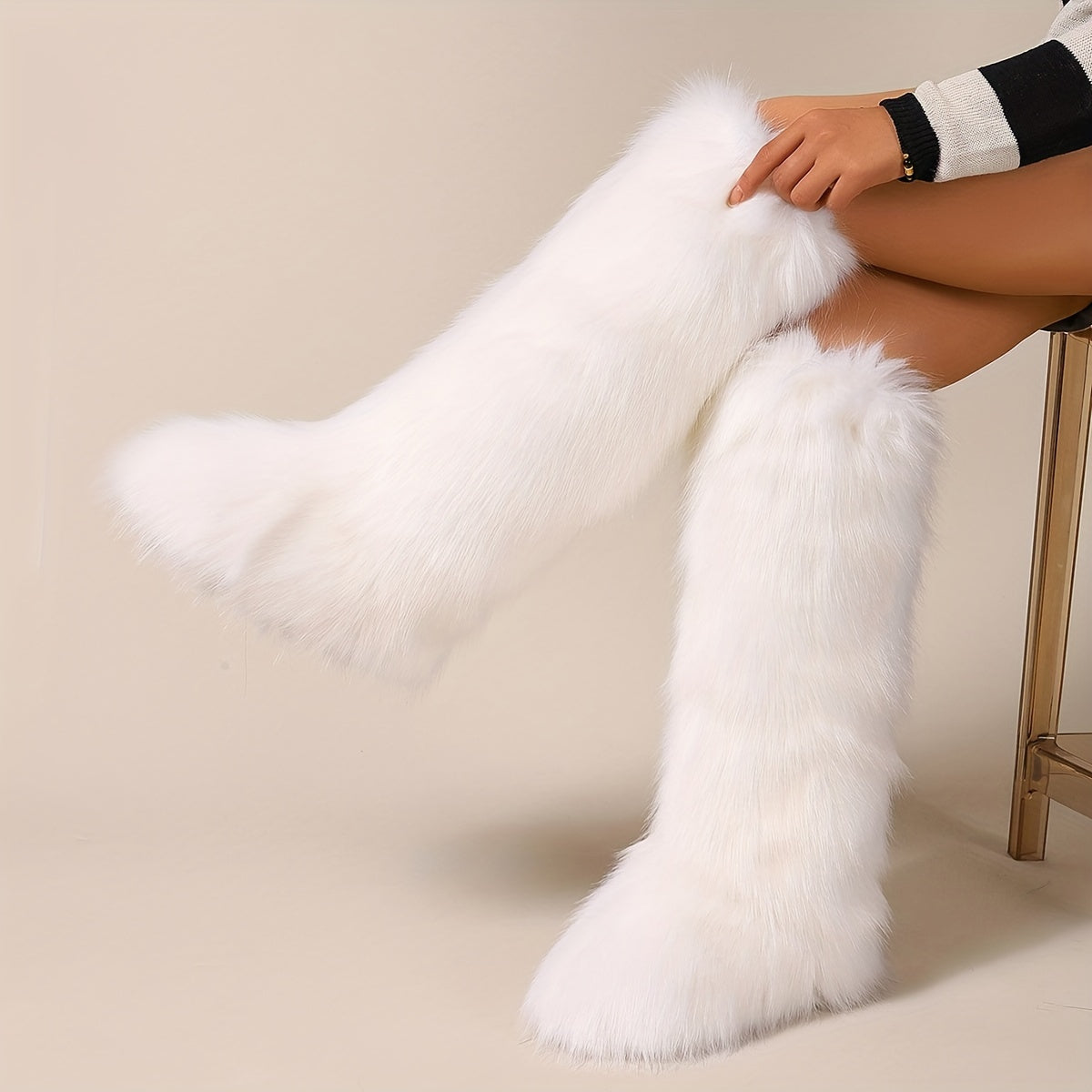 Women's Faux Fur Knee-High Boots with Round Toe Pull-On Flat Heel