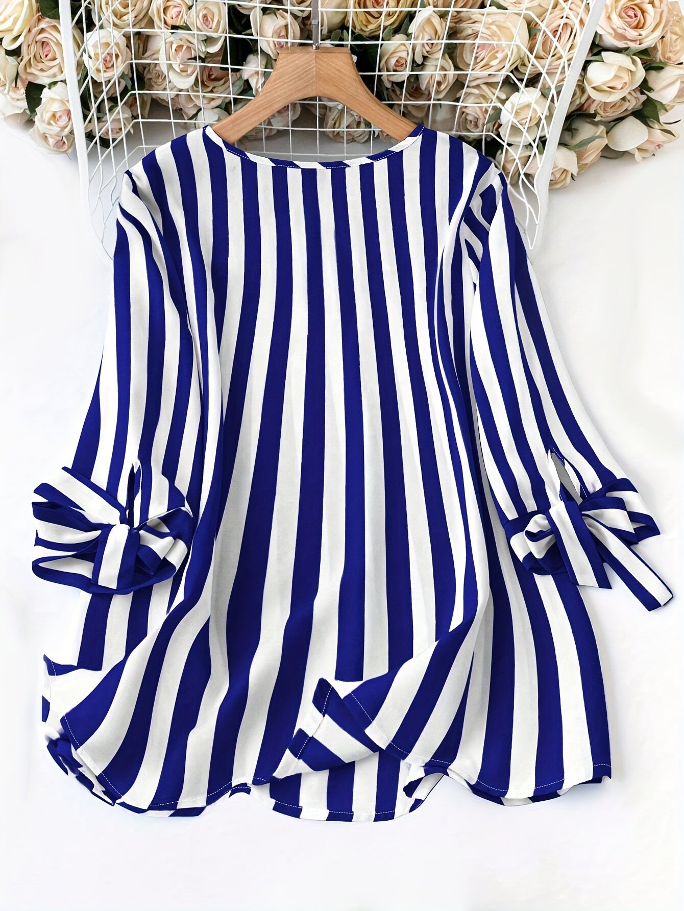 Plus Size Striped Blouse with Notched Neck Tie Cuff for Spring