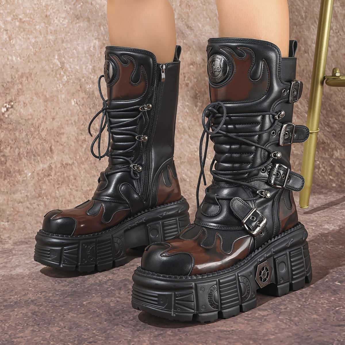 Women's Cyberpunk Mid-Calf Motorcycle Boots with Thick Sole and Zip Closure