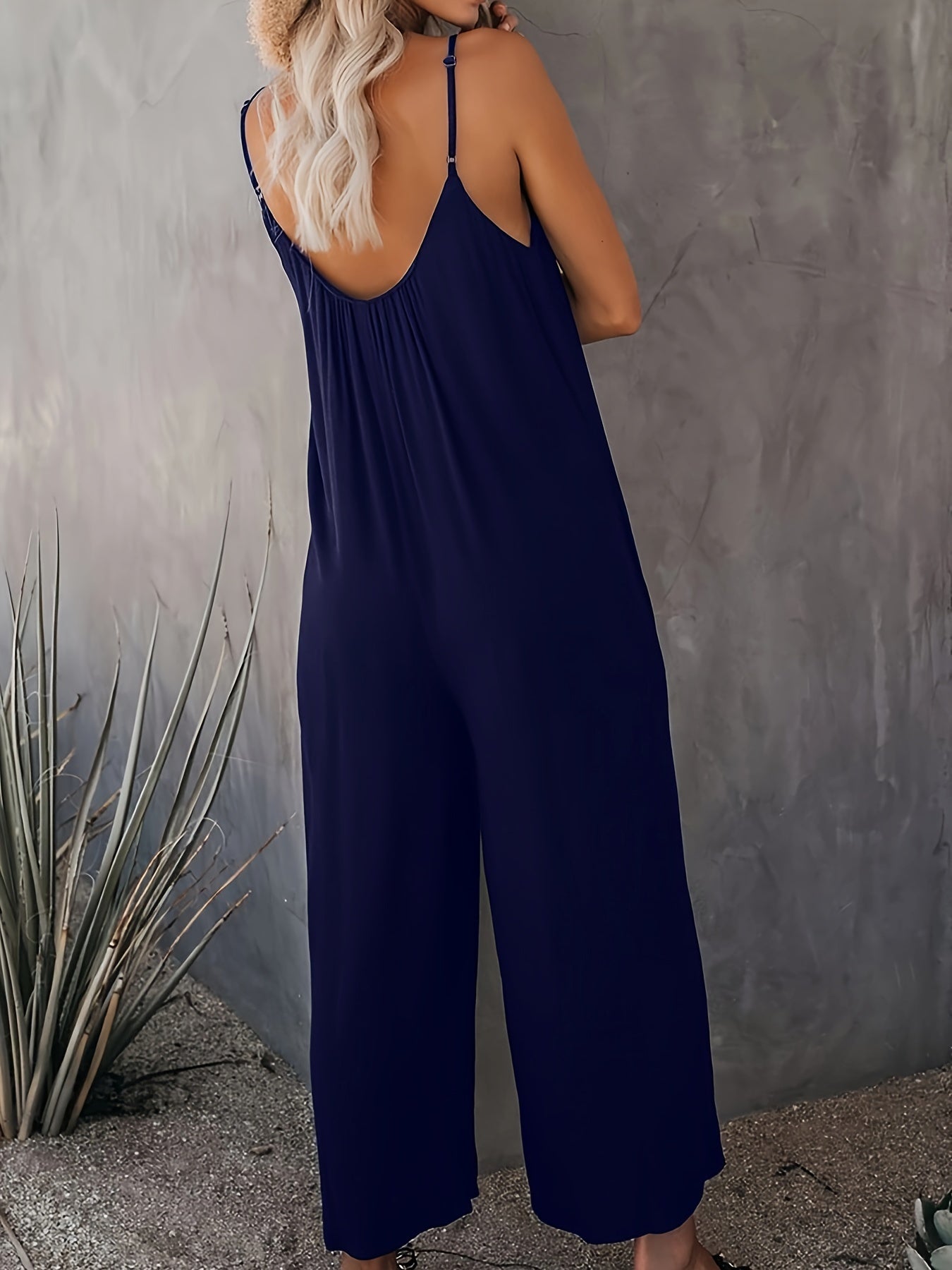Women's Navy Blue Sleeveless Jumpsuit with Pockets, Wide-Leg Pants, Lightweight