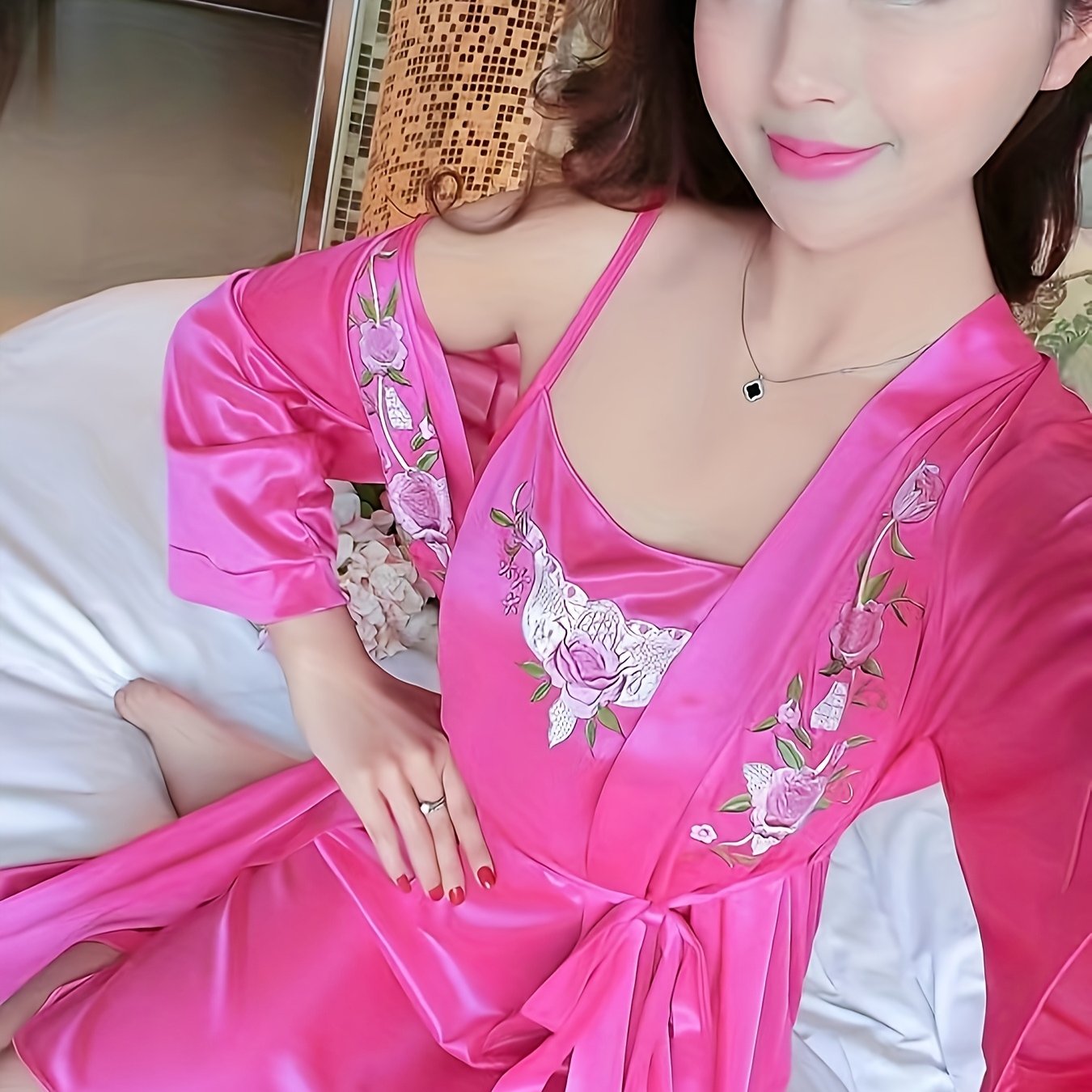Women's Satin Nightgown Set with Suspenders and Embroidered Solid Color Pajama Sleepwear