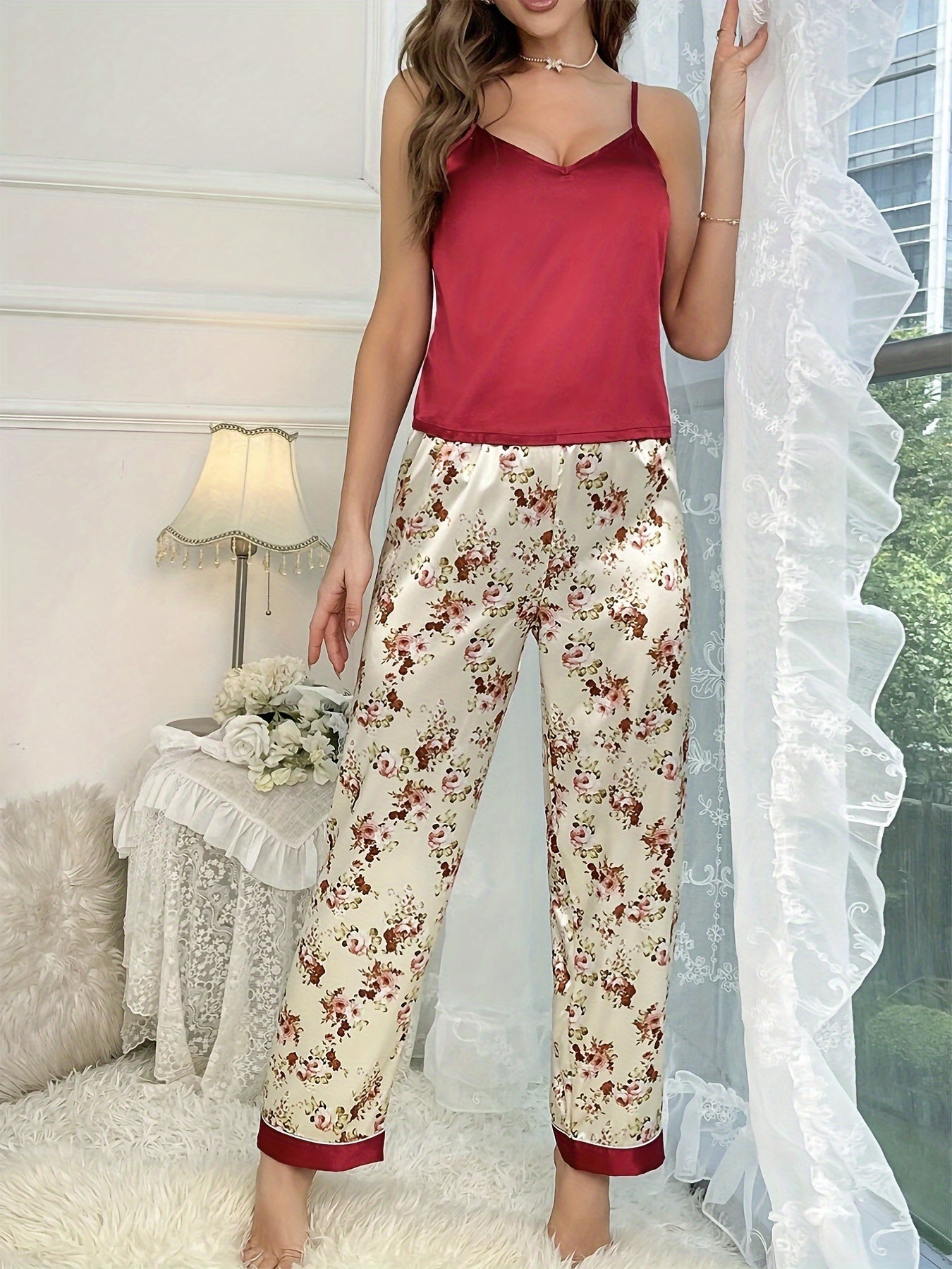 Women's Satin Floral Pajama Set with V-Neck Cami Top and Elastic Pants