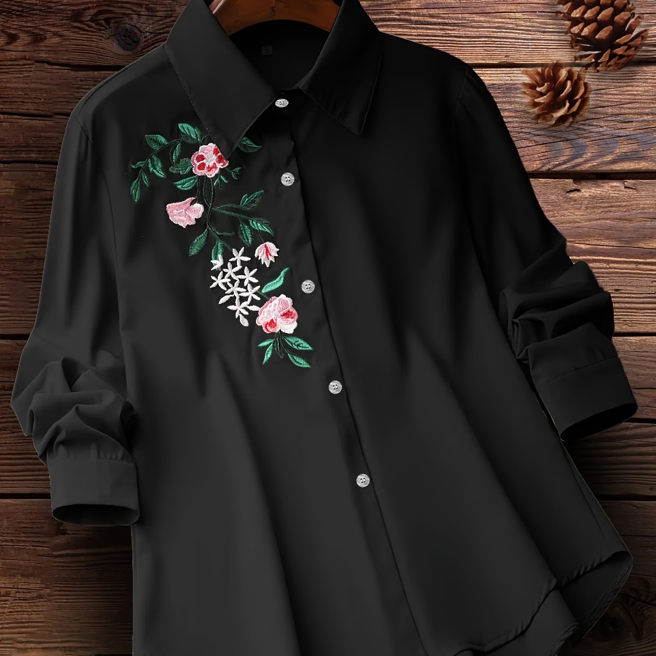 Women's Embroidered Floral Woven Shirt with Lapel Collar for Spring and Fall