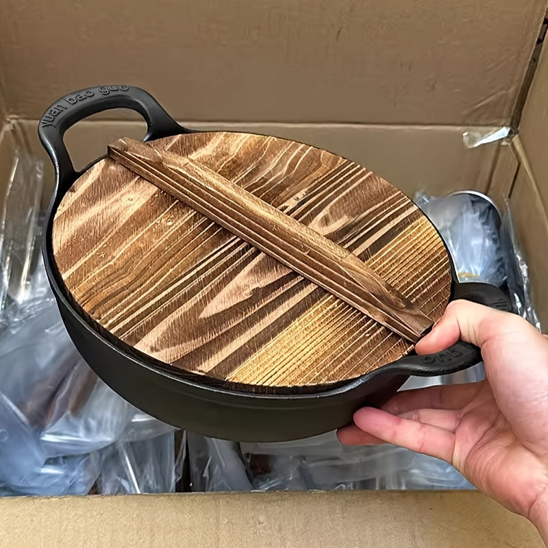 Cast Iron Flat Bottom Pan with Wooden Lid Non-Stick Heat-Resistant Handle