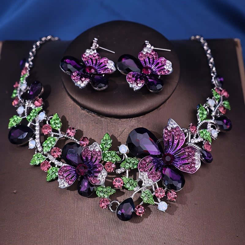 Romantic Flower Shaped Rhinestone Necklace and Earrings Set for Formal Dress