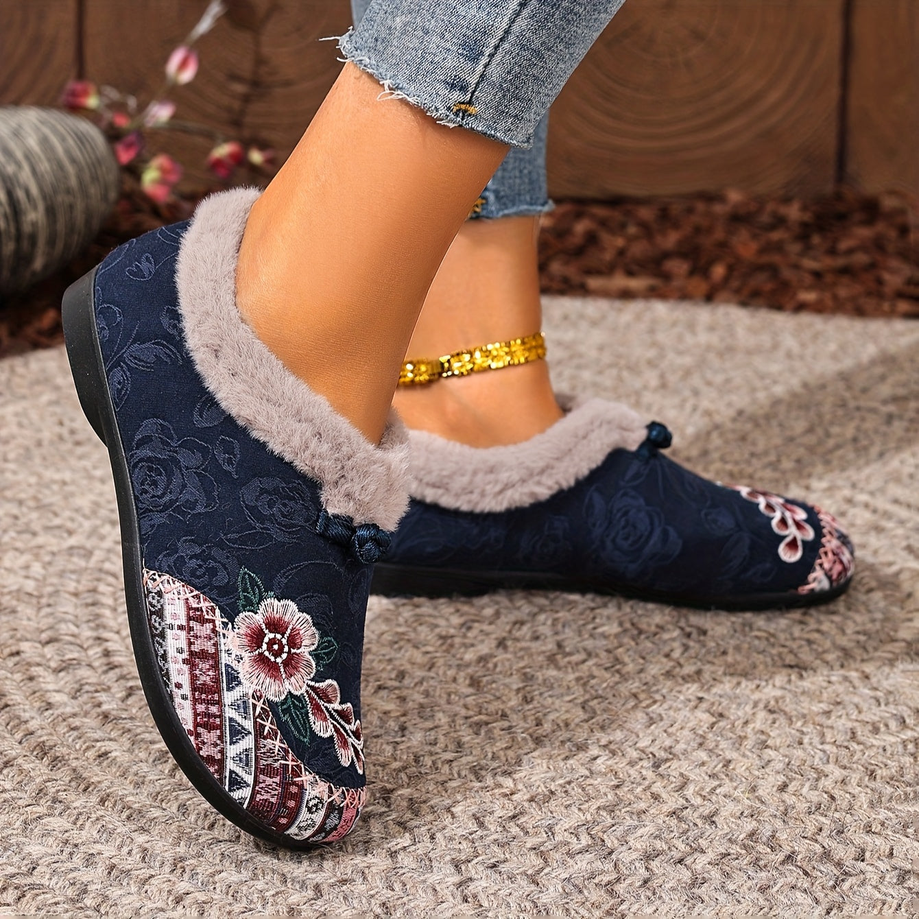 Women's Ankle Boots Winter Warm Anti-Slip Floral Short Shoes