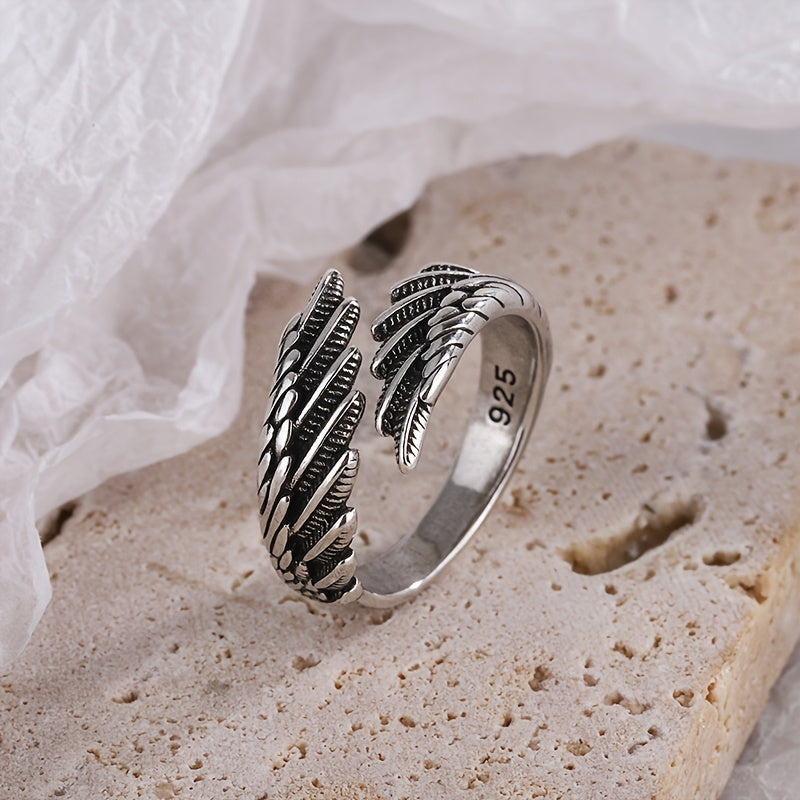 Anillo ajustable con ala de pluma para mujer, plata de ley, joyería boho para uso diario y vacaciones