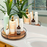 Wooden Rotating Storage Rack with Steel Handrails Kitchen Seasoning Turntable Solid Wood Organizer