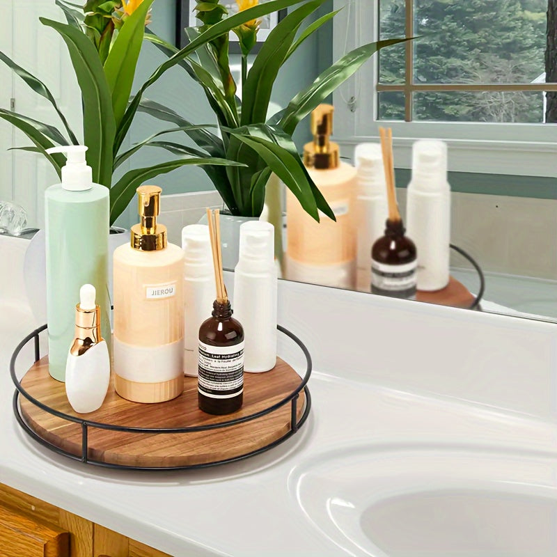 Wooden Rotating Storage Rack with Steel Handrails Kitchen Seasoning Turntable Solid Wood Organizer