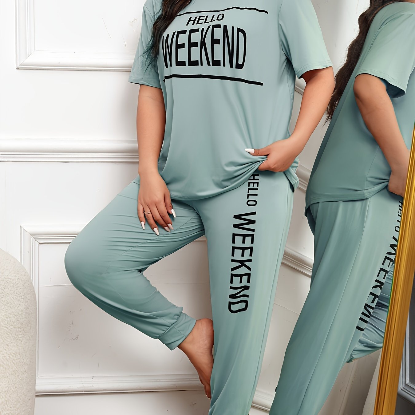 Plus Size Women's Lounge Set Beige Short Sleeve Top and Pants All-Season