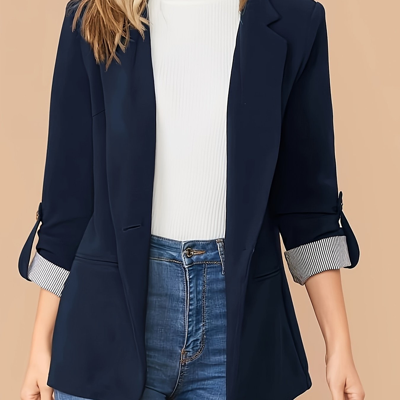 Women's Striped Knit Blazer with Lapel Collar and Color Block Details for Spring Fall