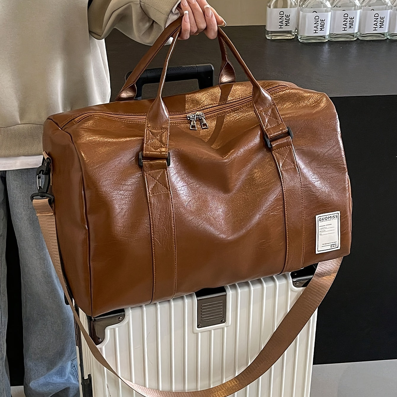 Large Capacity PU Duffel Bag with Wet Dry Separation Shoe Compartment for Travel Gym and Business