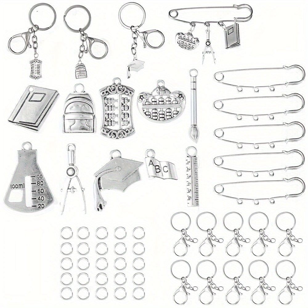 Educational Enamel Lapel Pins and Keychains Set 50 Pcs Assorted Book Ruler Pen Designs