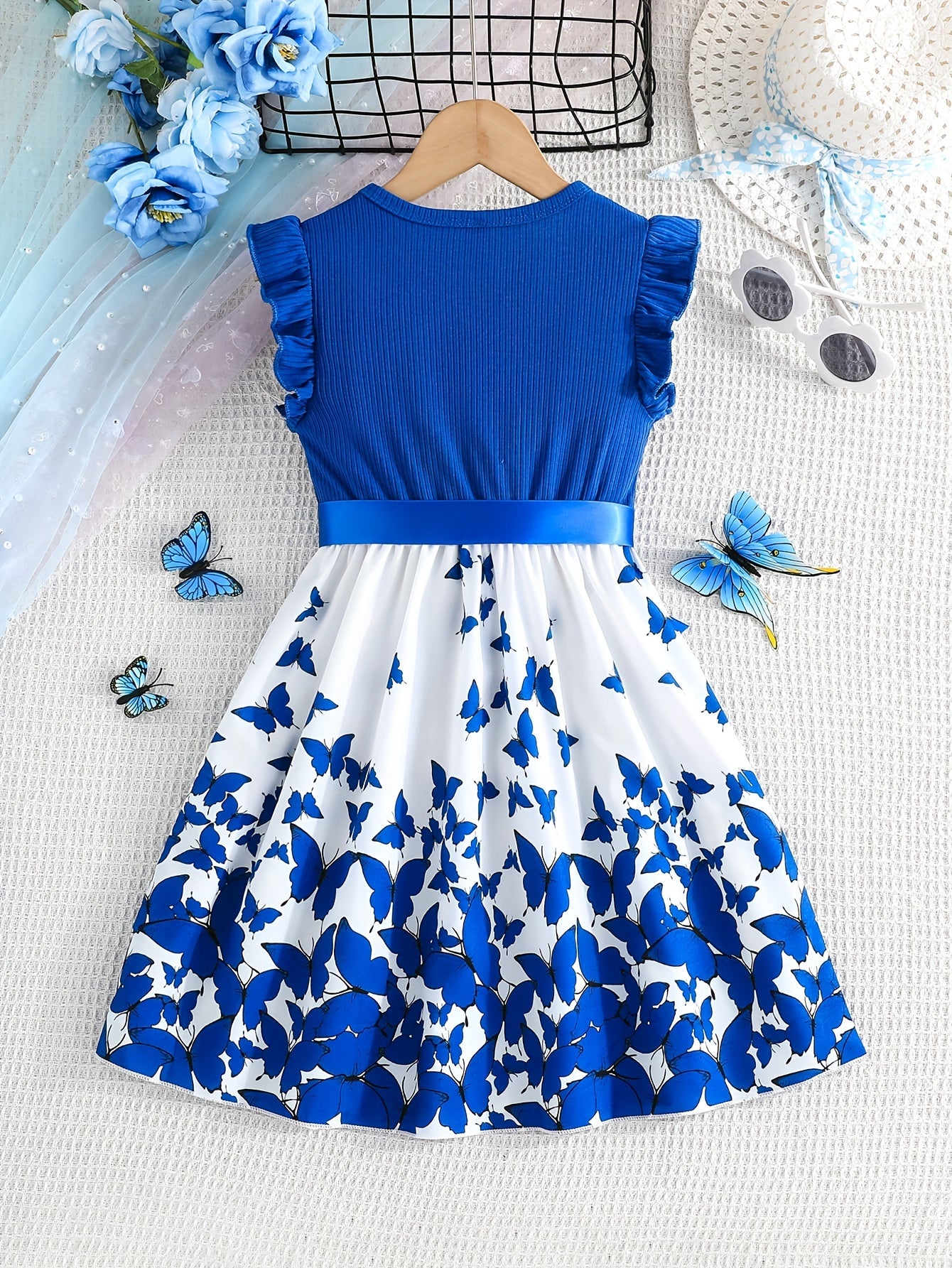 Girls Summer Butterfly Print Patchwork Dress with Belt and Sleeveless Ribbed Cuff Sleeves
