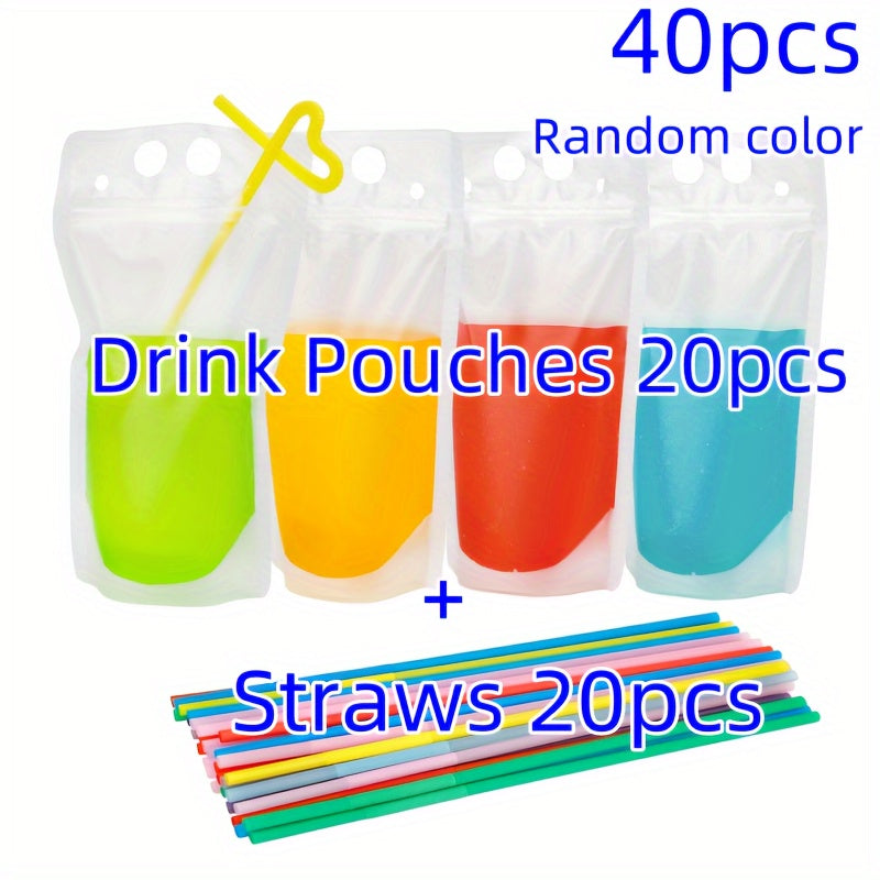 20 ta plastik ichimlik paketlari, quvur teshiklari bilan, qayta yopiladigan, portativ sharbat sumkalar