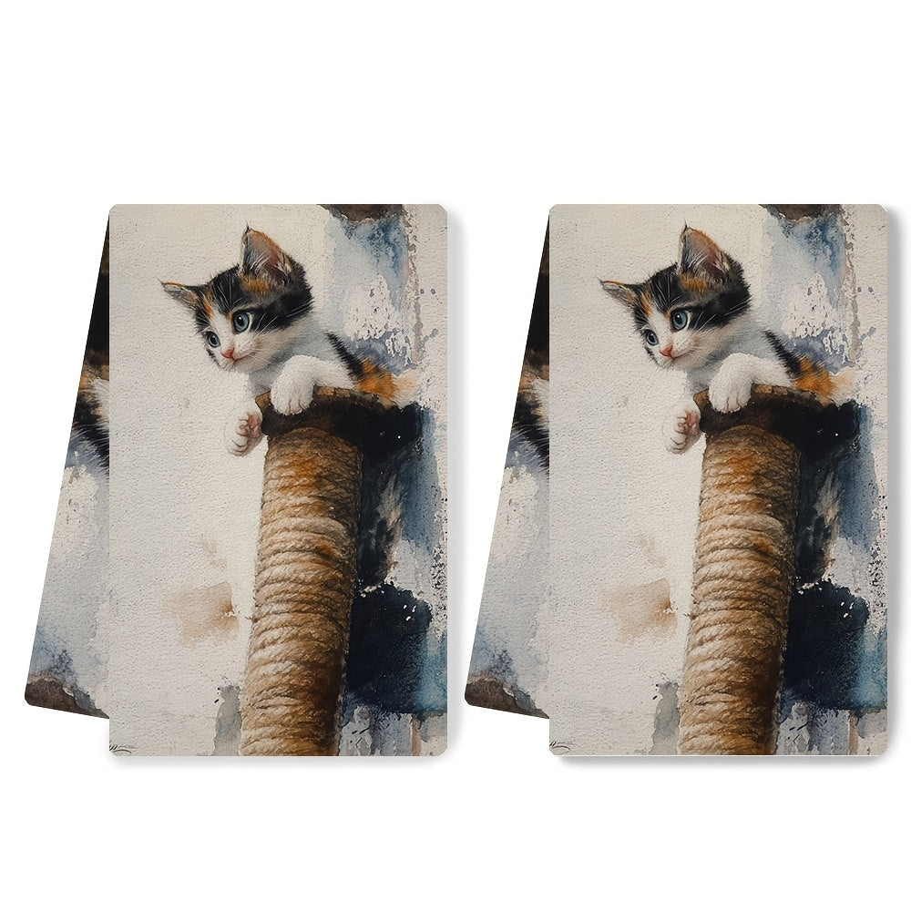 2 Ultra Soft Kitchen Towels Kitten Cat Tree Design 16x24 Inches Absorbent