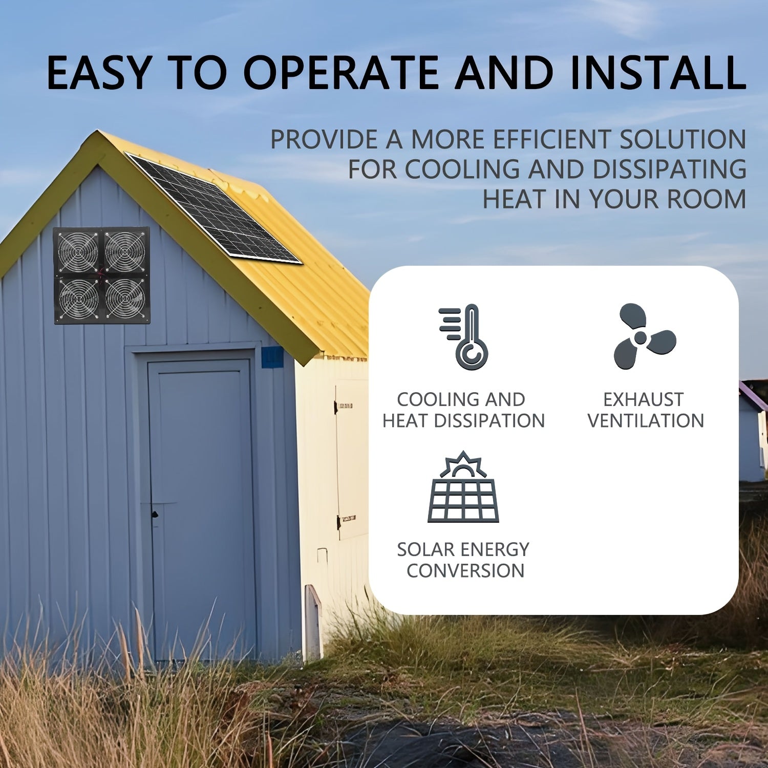 Quyosh energiyasi bilan ishlaydigan 25W ventilyator, litiy batareya bilan, it uylarida, issiqxonalarda va podvalda foydalanish uchun