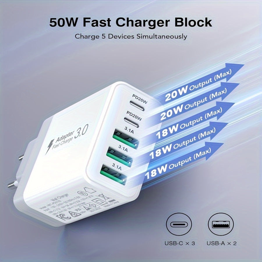 50W USB-C зарядка блоки, 5 портли тез зарядлаш EU ўтказгичи планшетлар ва смартфонлар учун