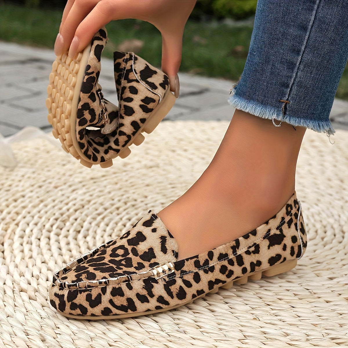 Women's Leopard Print Slip-On Loafers with Metallic Accents