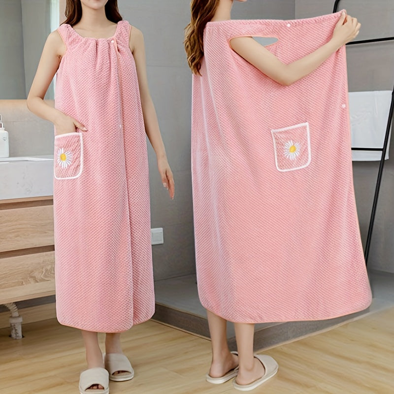 Adults' Quick-Dry Absorbent Bath Towel with Pockets and Buttons for Spa Sauna