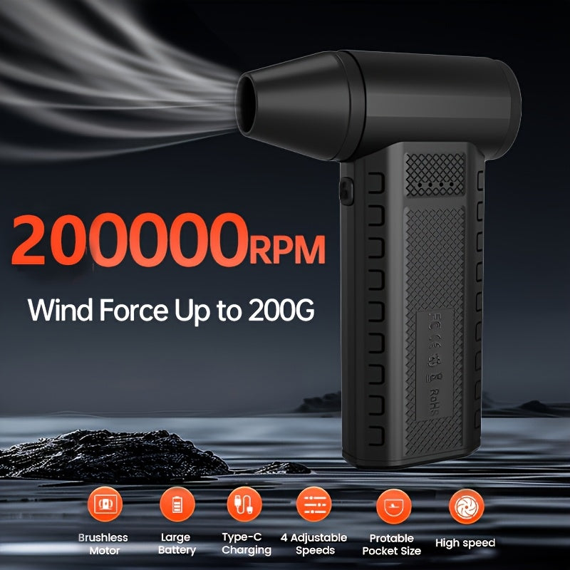 JKUOO Portativ Turbo Ventilyator 20000RPM brushless motor bilan, 4W quvvat, 8000mAh lityum batareya bilan USB orqali zaryadlanadigan, ABS materialdan tayyorlangan, tugma boshqaruvi. Ichki va tashqi foydalanish uchun mos.