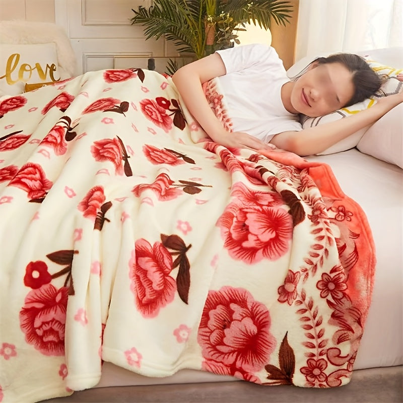 Beige Fleece Blanket Small Flower Pattern Soft Warm for Bed Sofa Camping