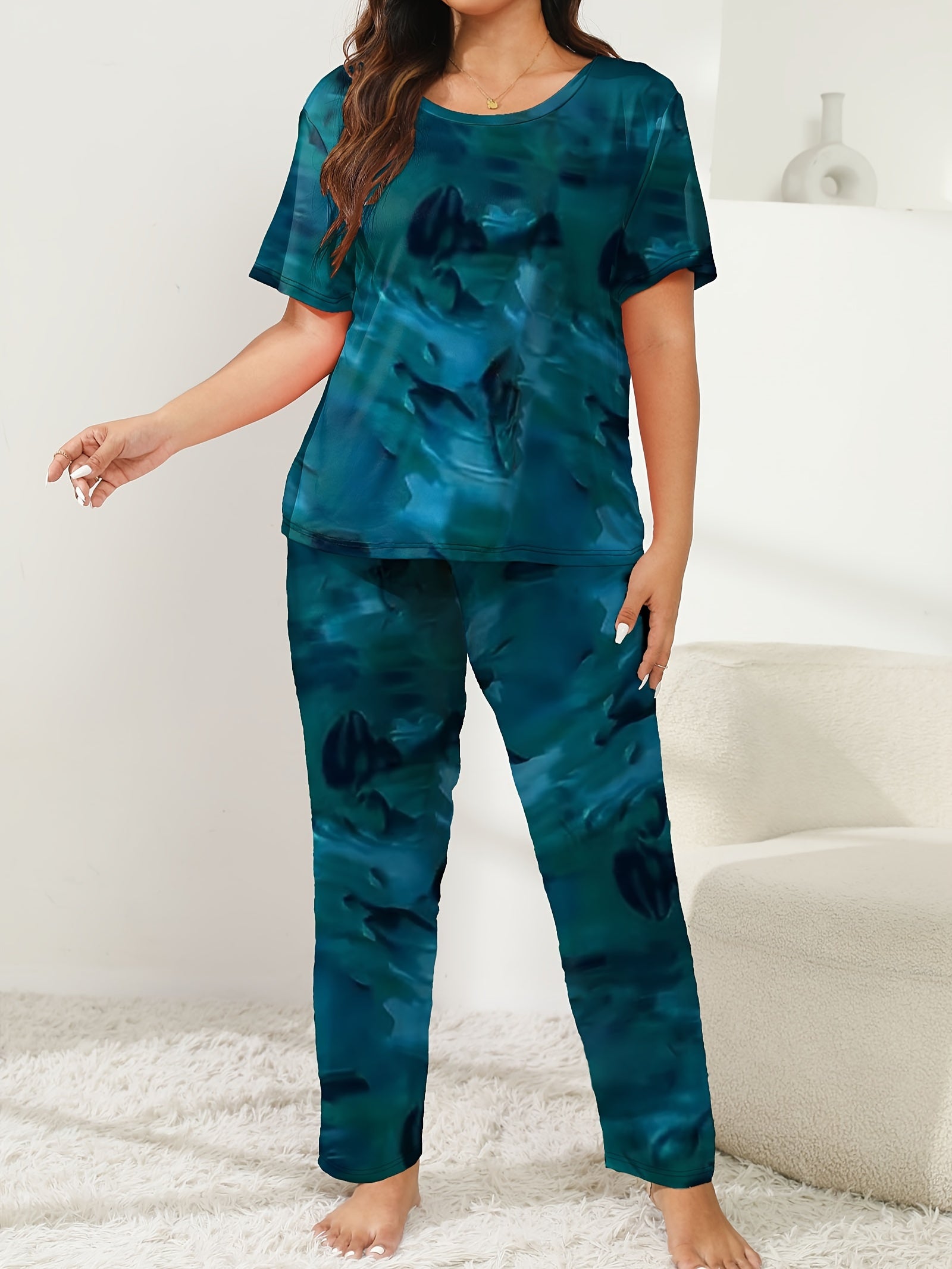Plus Size Women's Pajama Set Polyester Knit All-Season Short Sleeve Top Long Pants Sleepwear