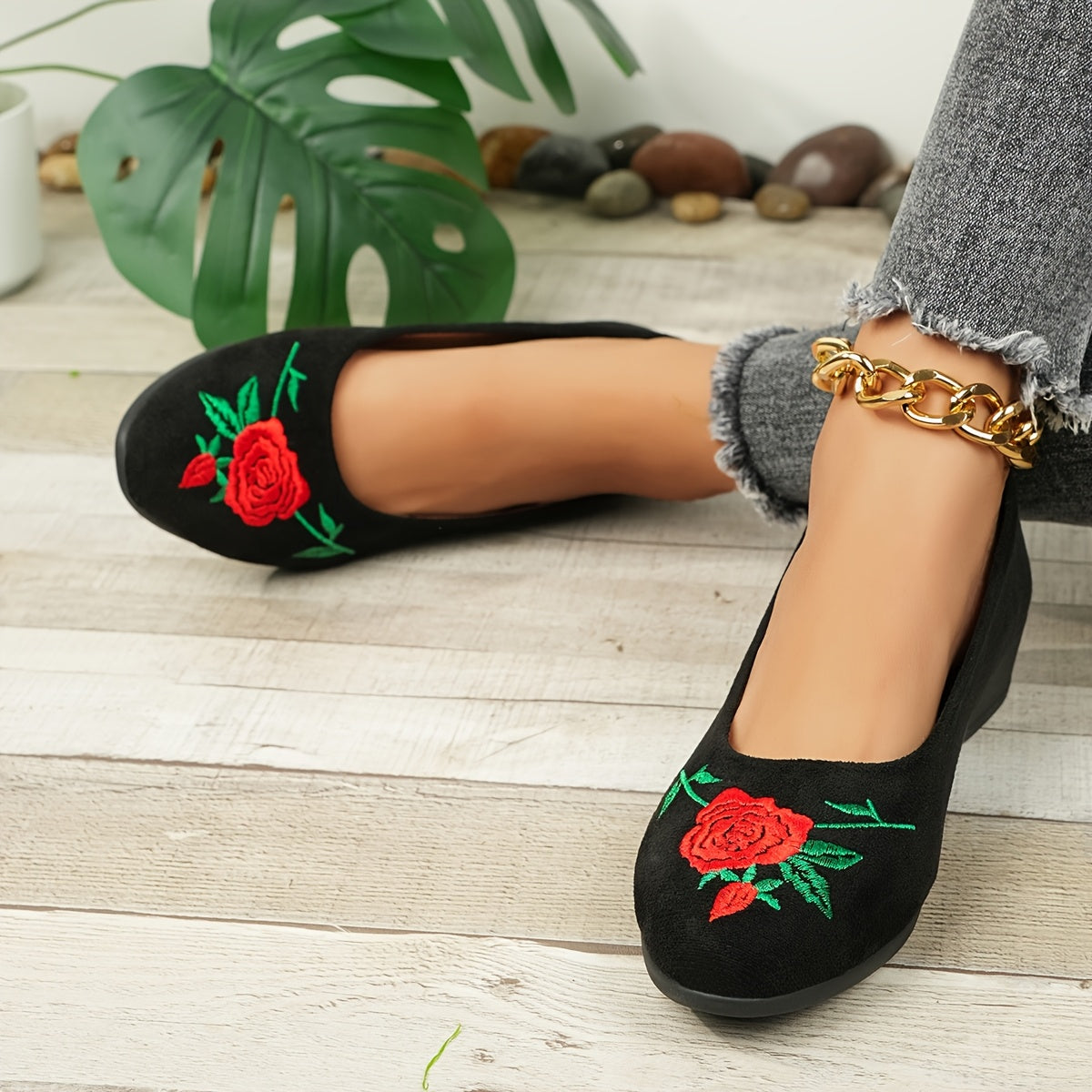 Ayollar uchun tikilgan peony balet flats slip-on Mary Jane poyabzal