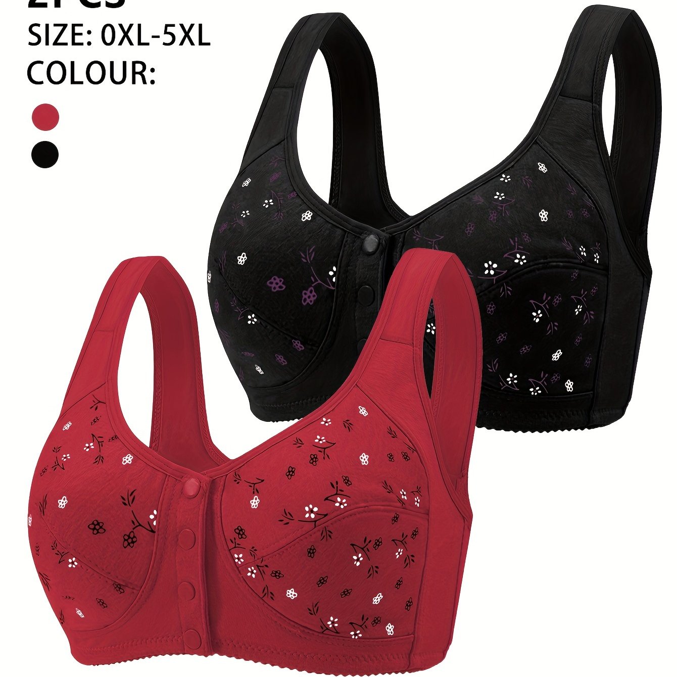 Plus Size Wireless Bras Set with Button Detail No Padding Random Print