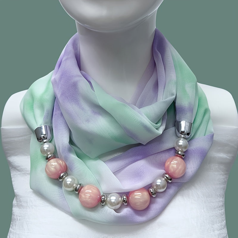 Beaded Necklace Scarf Women’s Chiffon Imitation Ceramic Beads Infinity Accessory