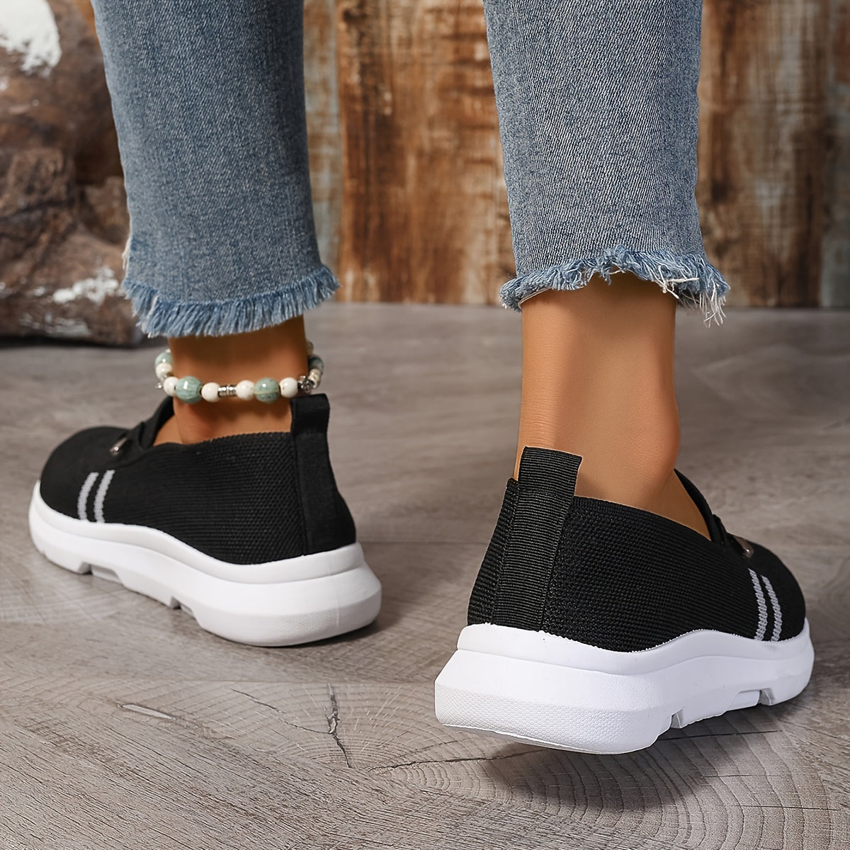Ladies Breathable Casual Slip-On Sneakers Low Top Fabric Stripes