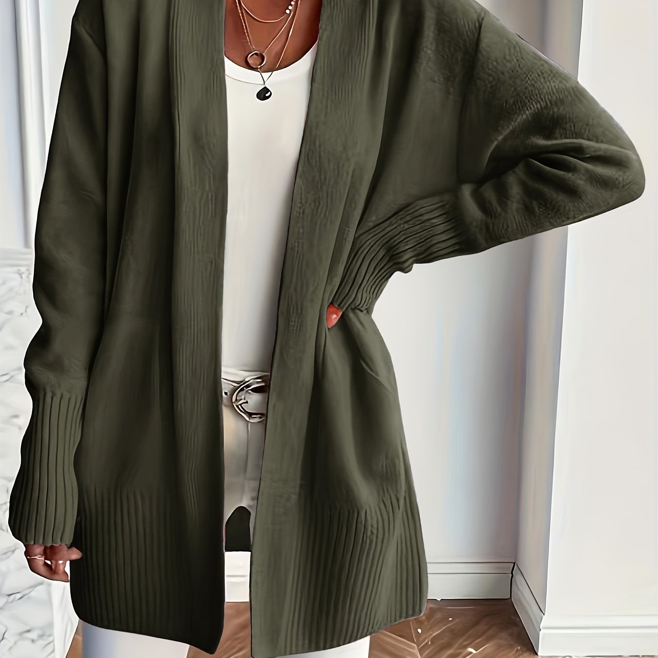 Women's Long Sleeve Knit Cardigan with Open Front and Pockets Fall Winter Solid Color Loose Fit