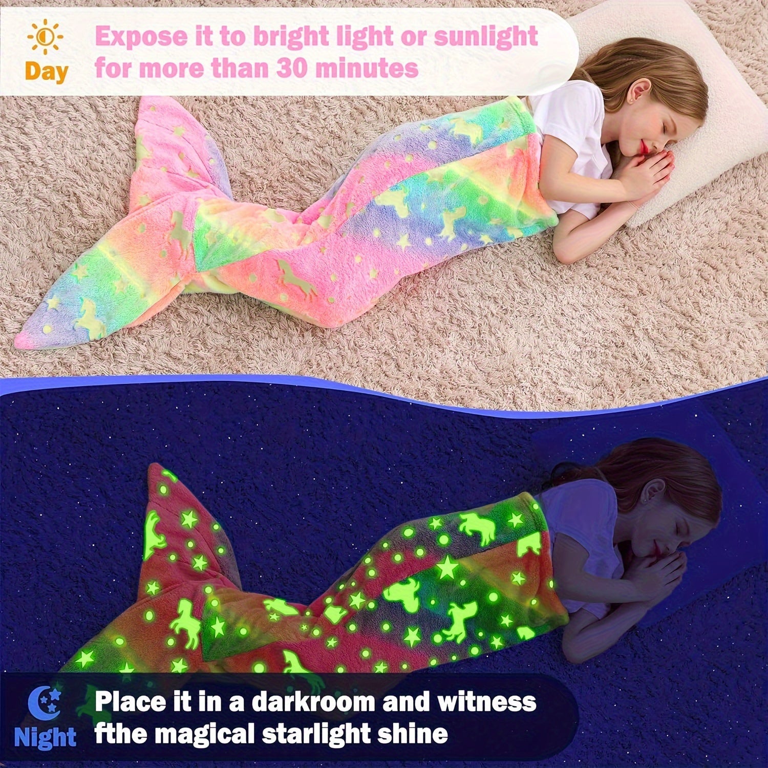 Kids Girls Rainbow Unicorn Mermaid Tail Blanket Flannel Glow-in-the-Dark Cozy
