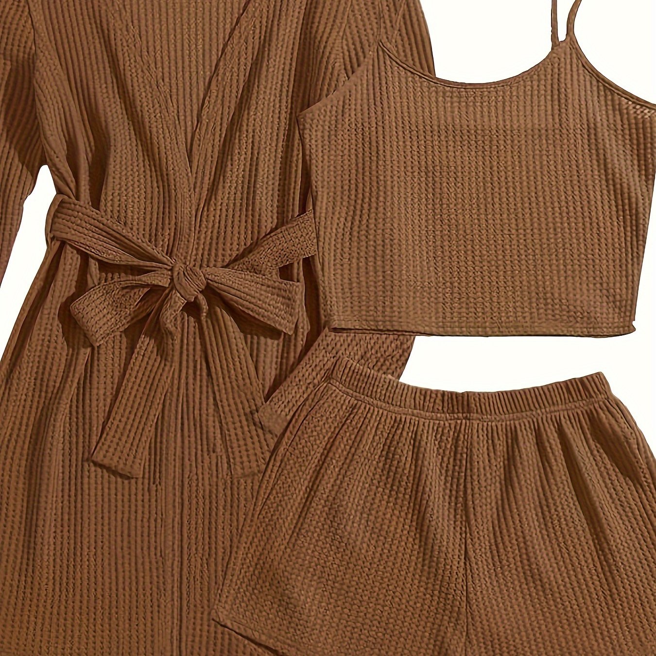 Women's Waffle Lounge Set with Robe, Crop Top, Shorts for Summer Home Wear