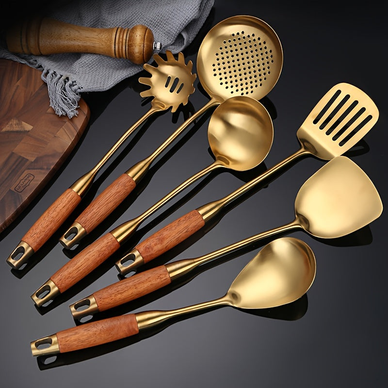 Set of 6 Golden Stainless Steel Kitchen Utensils Spatula Ladle Slotted Turner