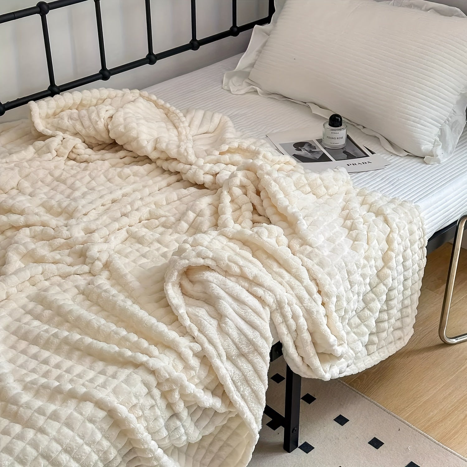 Manta de pelo sintético de conejo a cuadros, cálida y acogedora, para sofá, cama o sillón