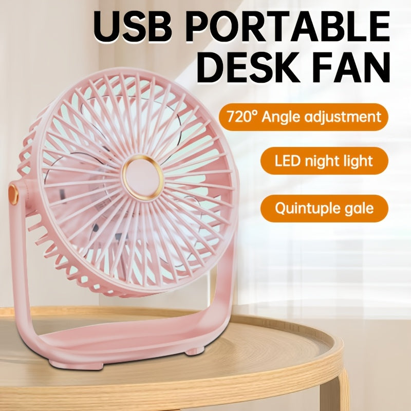 Mini Desktop Fan with Night Light, USB Rechargeable, 5-Speed Settings